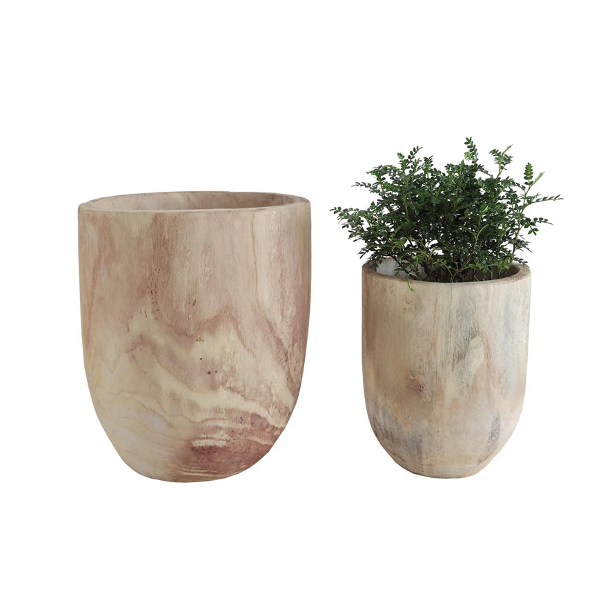 Two rounded Paulownia wood pots, one smaller and one larger, with a natural wood finish displaying beautiful wood grains.